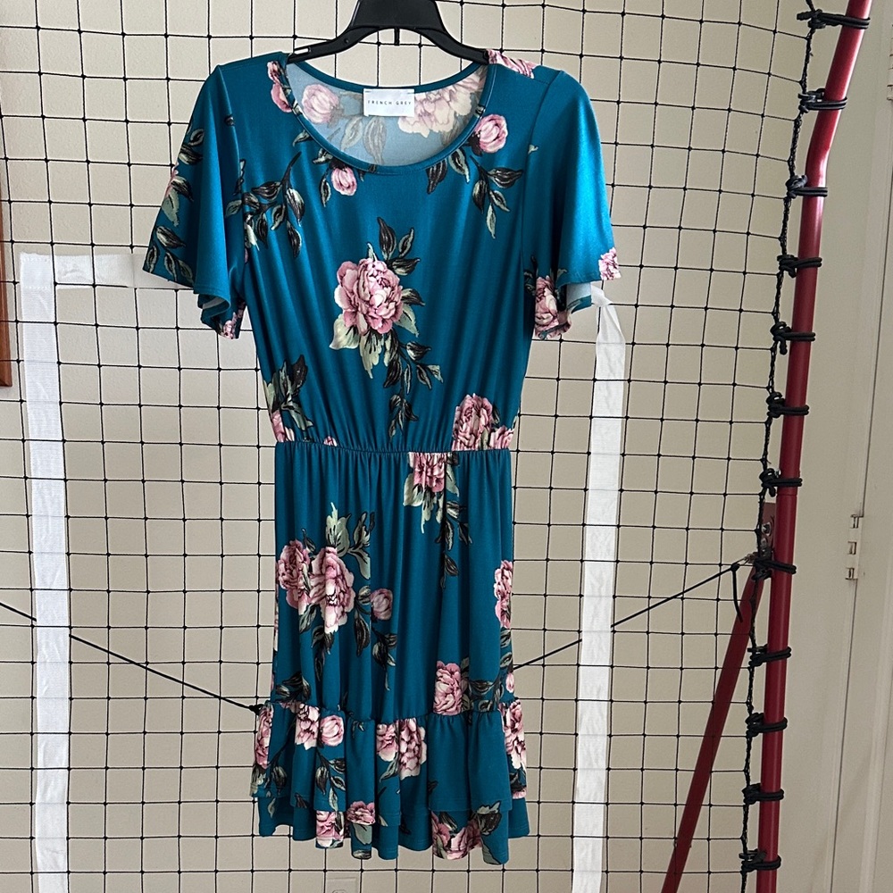 French Grey Teal Floral Dress